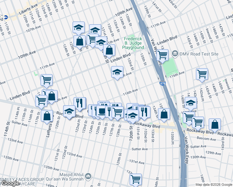 map of restaurants, bars, coffee shops, grocery stores, and more near 115-34 130th Street in Queens