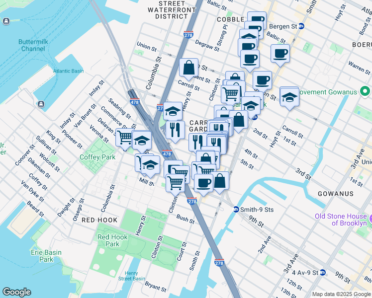 map of restaurants, bars, coffee shops, grocery stores, and more near 28 4th Place in Brooklyn