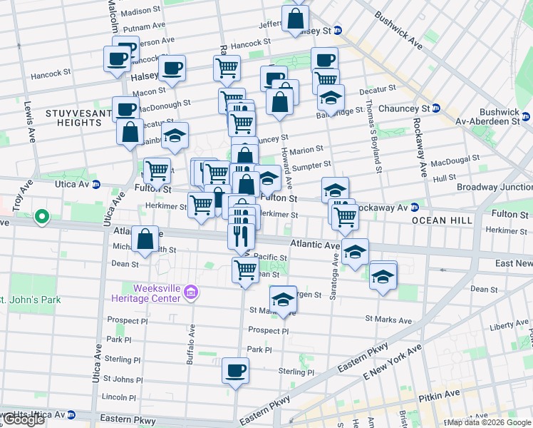 map of restaurants, bars, coffee shops, grocery stores, and more near 990 Herkimer Street in Brooklyn