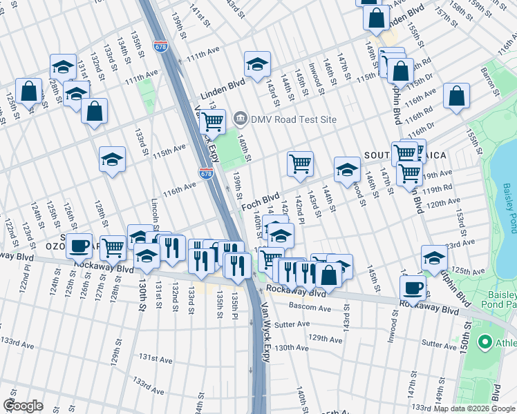 map of restaurants, bars, coffee shops, grocery stores, and more near 140-03 Foch Boulevard in Queens