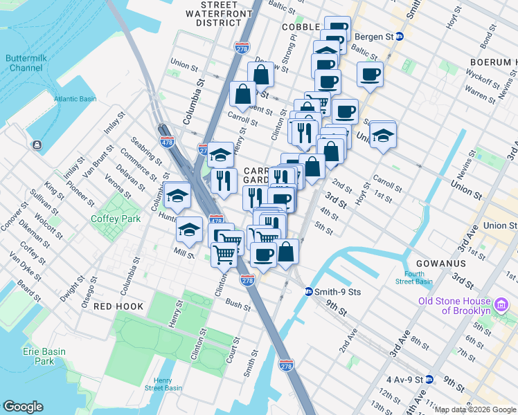 map of restaurants, bars, coffee shops, grocery stores, and more near 62 4th Place in Brooklyn