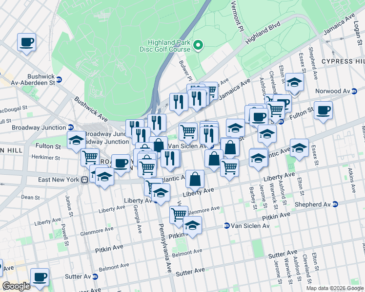 map of restaurants, bars, coffee shops, grocery stores, and more near 35 Wyona Street in Brooklyn