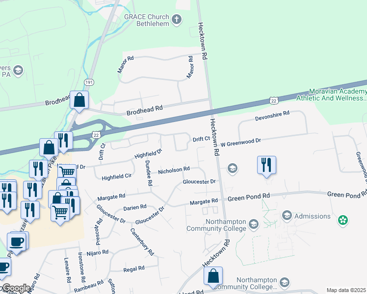 map of restaurants, bars, coffee shops, grocery stores, and more near 3563 Driftwood Place in Bethlehem