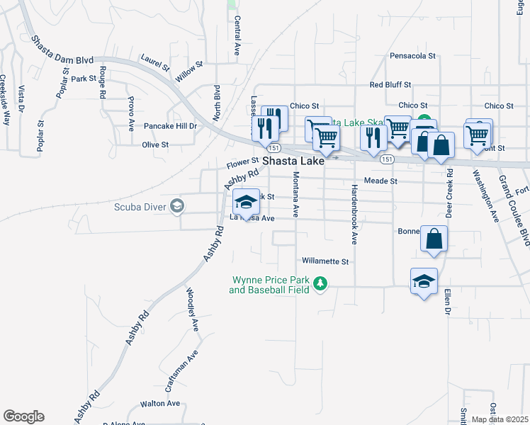 map of restaurants, bars, coffee shops, grocery stores, and more near 4072 Fort Peck Street in Shasta Lake