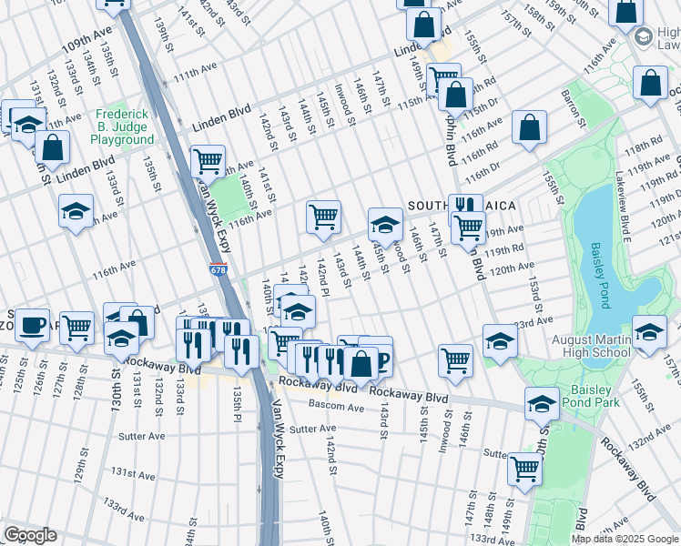 map of restaurants, bars, coffee shops, grocery stores, and more near 118-98 143rd Street in Queens