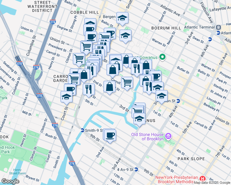 map of restaurants, bars, coffee shops, grocery stores, and more near 30 1st Street in Brooklyn