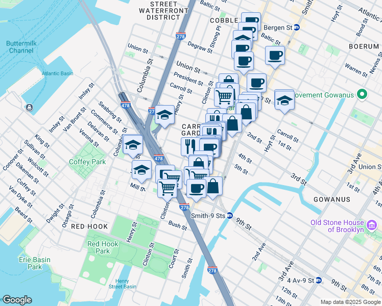 map of restaurants, bars, coffee shops, grocery stores, and more near 61 4th Place in Brooklyn