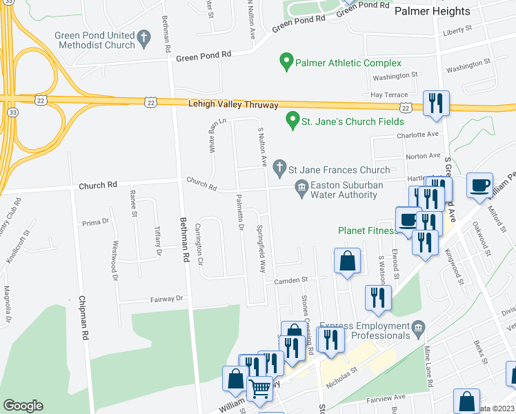 map of restaurants, bars, coffee shops, grocery stores, and more near 306 Springfield Way in Easton