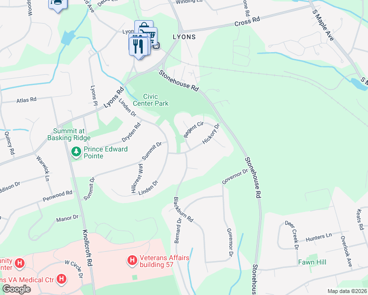 map of restaurants, bars, coffee shops, grocery stores, and more near 30 Regent Circle in Basking Ridge