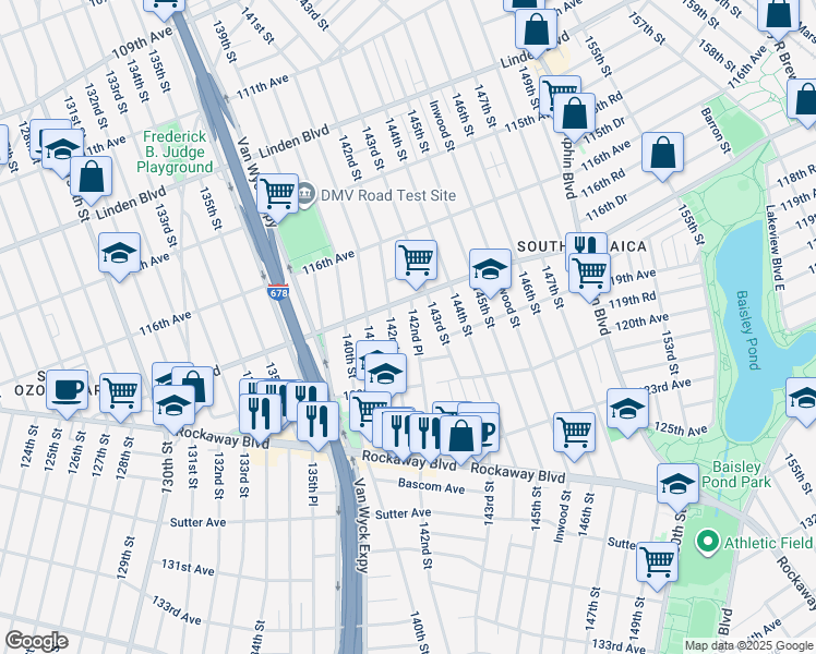 map of restaurants, bars, coffee shops, grocery stores, and more near 117-24 142nd Place in Queens