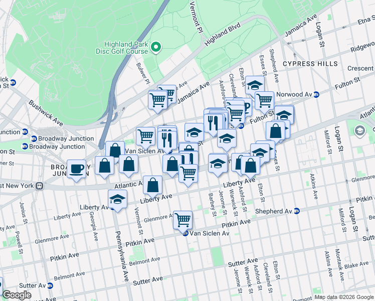 map of restaurants, bars, coffee shops, grocery stores, and more near 116 Schenck Avenue in Brooklyn