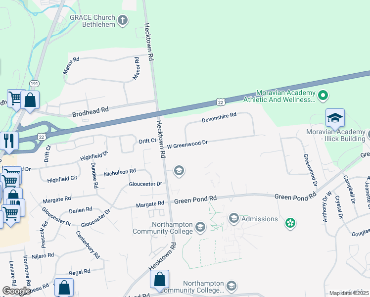 map of restaurants, bars, coffee shops, grocery stores, and more near 3750 West Greenwood Drive in Bethlehem