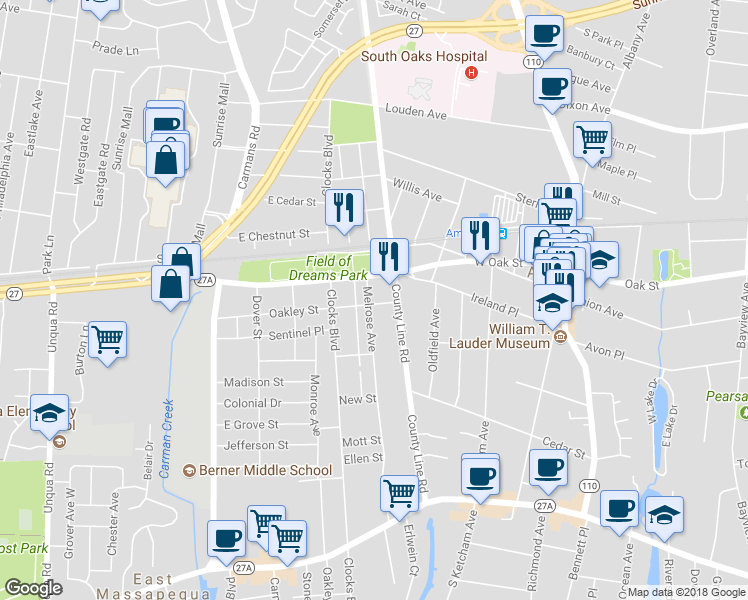 map of restaurants, bars, coffee shops, grocery stores, and more near 231 Oakley Street in Massapequa