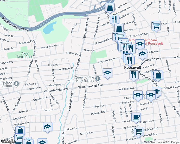 map of restaurants, bars, coffee shops, grocery stores, and more near 35 John Street in Roosevelt