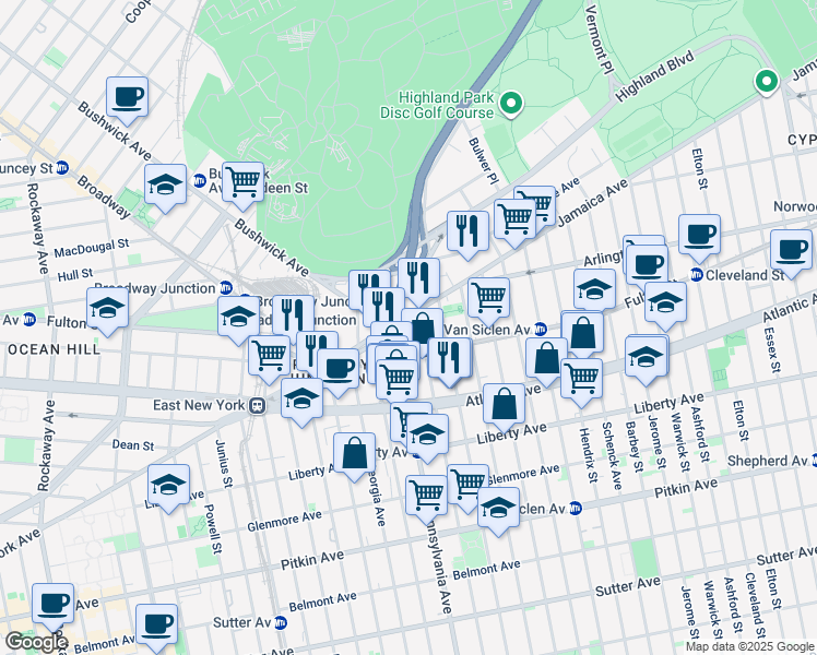 map of restaurants, bars, coffee shops, grocery stores, and more near 80 Jamaica Avenue in Brooklyn