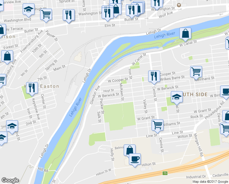 map of restaurants, bars, coffee shops, grocery stores, and more near 1035 West Berwick Street in Easton