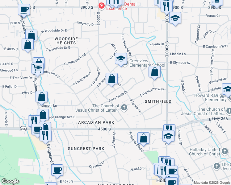 map of restaurants, bars, coffee shops, grocery stores, and more near 2104 East Sahara Drive in Holladay