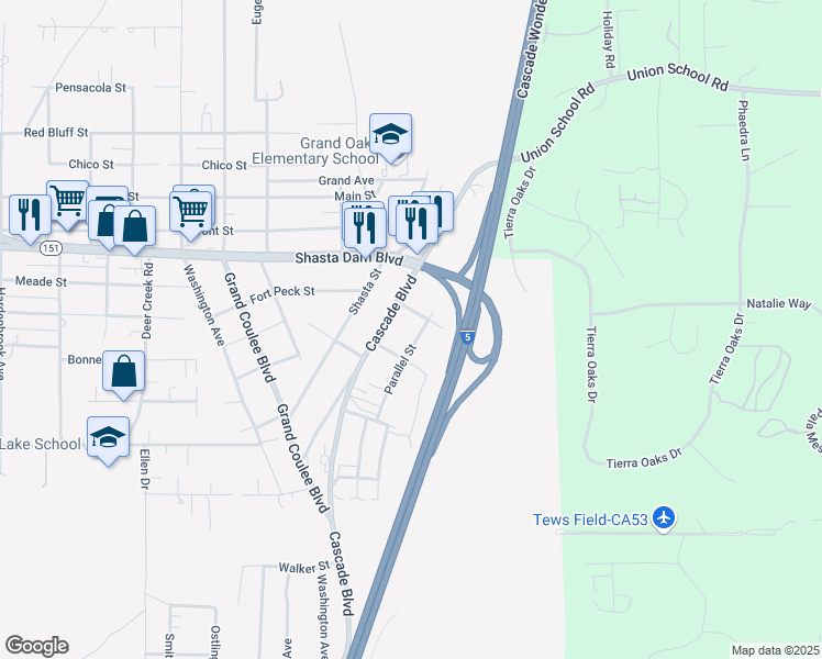 map of restaurants, bars, coffee shops, grocery stores, and more near 5329 2nd Street in Shasta Lake