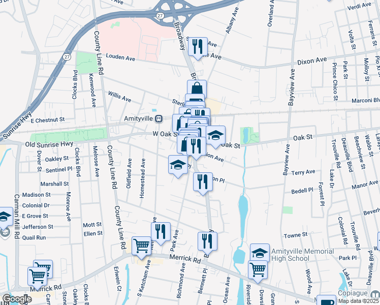 map of restaurants, bars, coffee shops, grocery stores, and more near in Amityville
