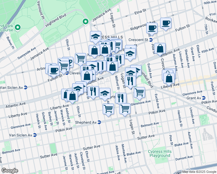 map of restaurants, bars, coffee shops, grocery stores, and more near 34 Montauk Avenue in Brooklyn