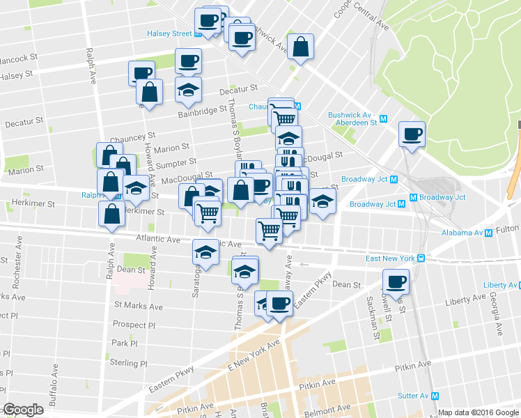 map of restaurants, bars, coffee shops, grocery stores, and more near 27 Somers Street in Brooklyn