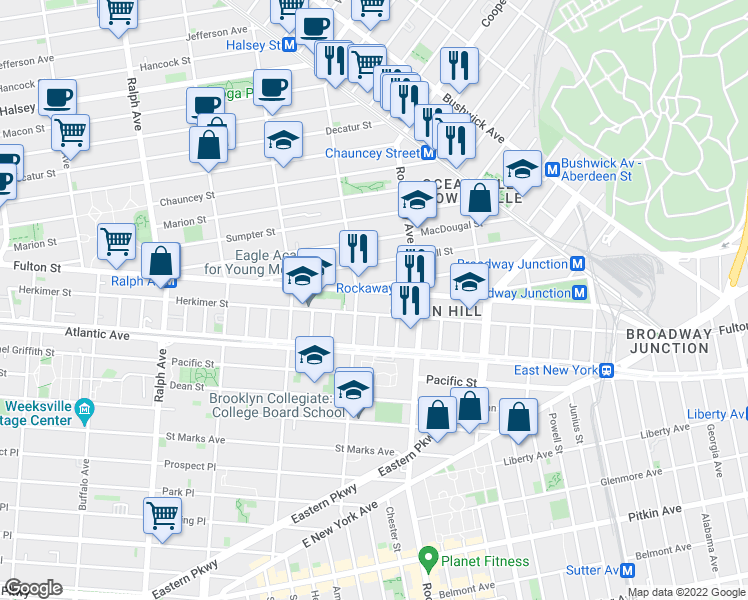 map of restaurants, bars, coffee shops, grocery stores, and more near 27 Somers Street in Brooklyn