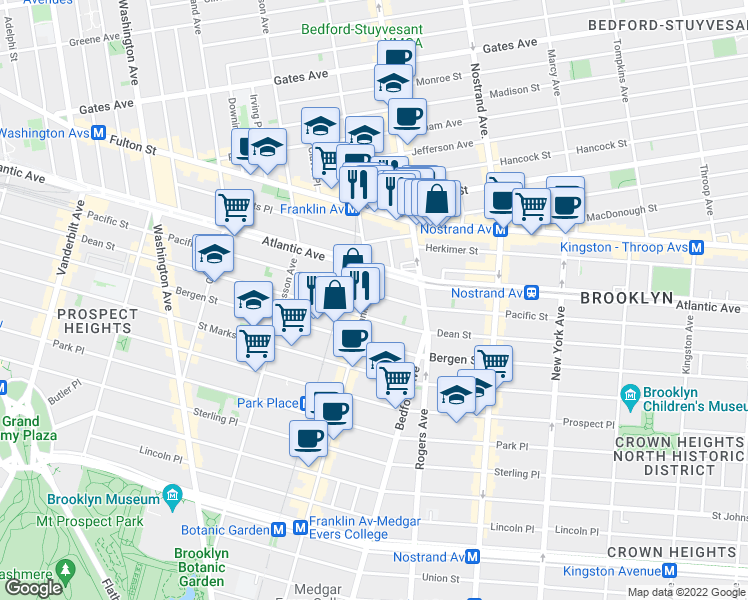 map of restaurants, bars, coffee shops, grocery stores, and more near 1153 Pacific Street in Brooklyn