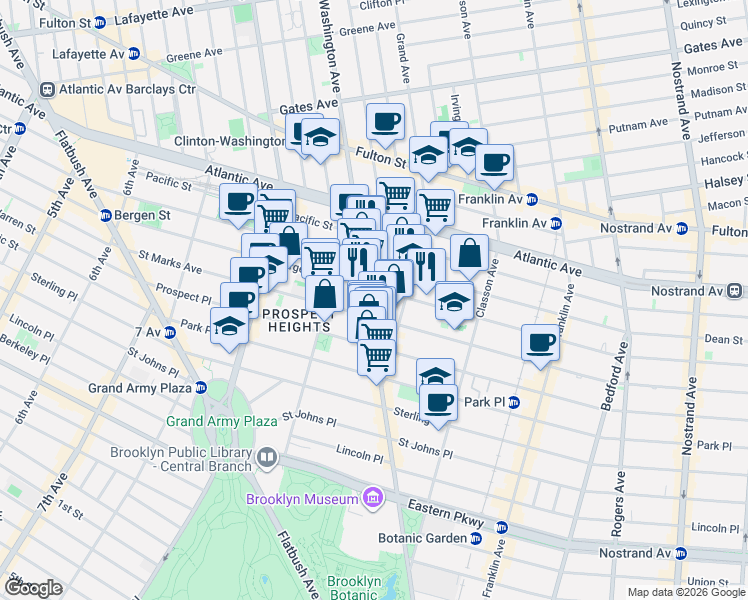map of restaurants, bars, coffee shops, grocery stores, and more near 751 Bergen Street in Brooklyn