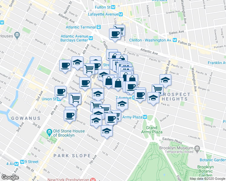 map of restaurants, bars, coffee shops, grocery stores, and more near 80 Park Place in Brooklyn