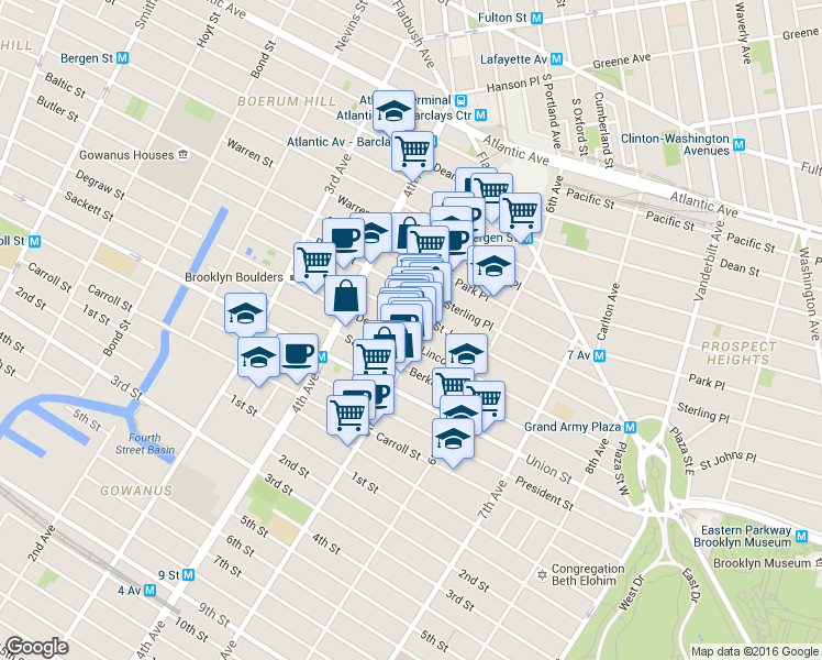 map of restaurants, bars, coffee shops, grocery stores, and more near 398 Douglass Street in Brooklyn