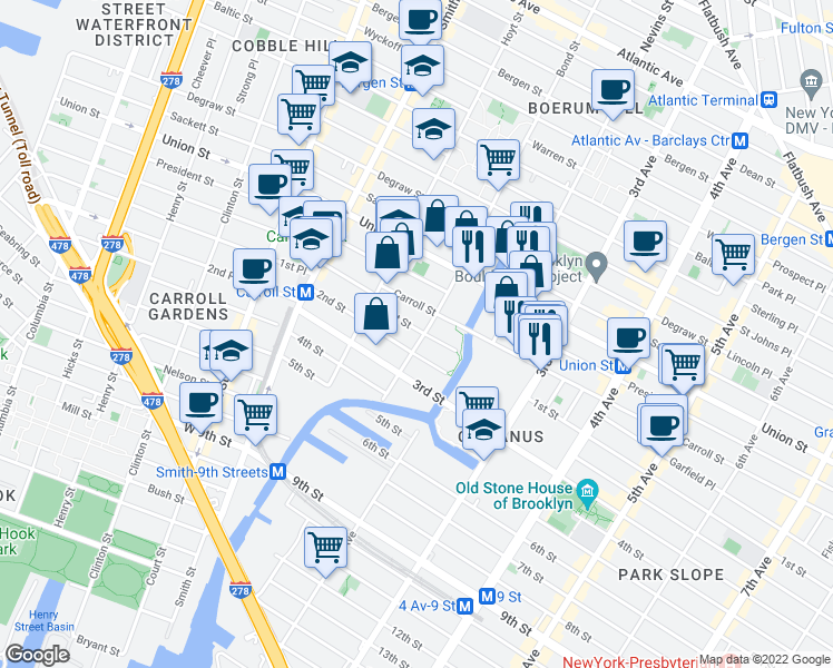 map of restaurants, bars, coffee shops, grocery stores, and more near 347 Bond Street in Brooklyn