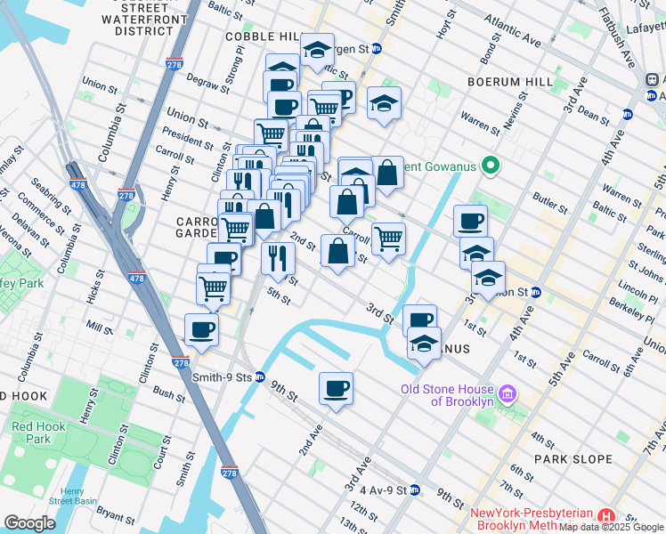 map of restaurants, bars, coffee shops, grocery stores, and more near 62 2nd Street in Brooklyn