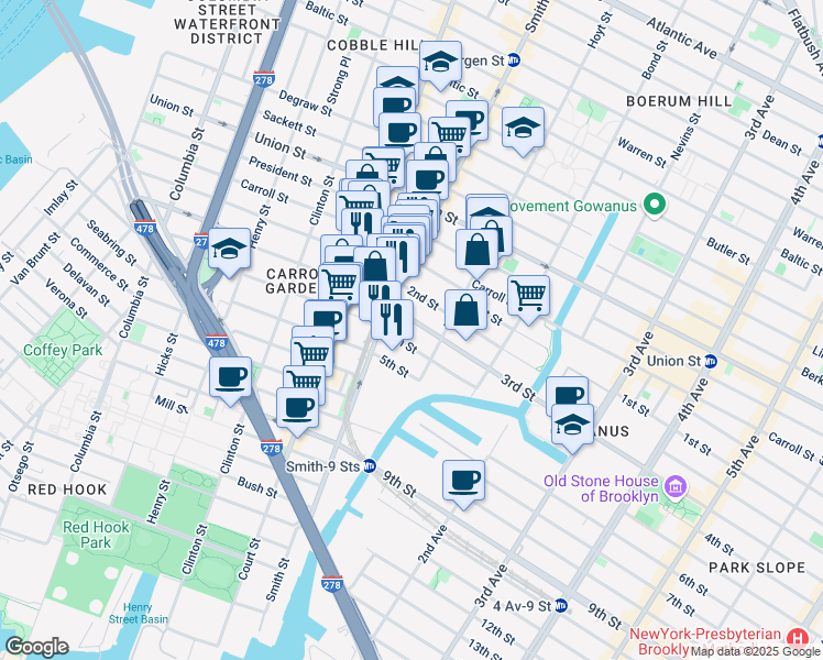 map of restaurants, bars, coffee shops, grocery stores, and more near 21 3rd Street in Brooklyn