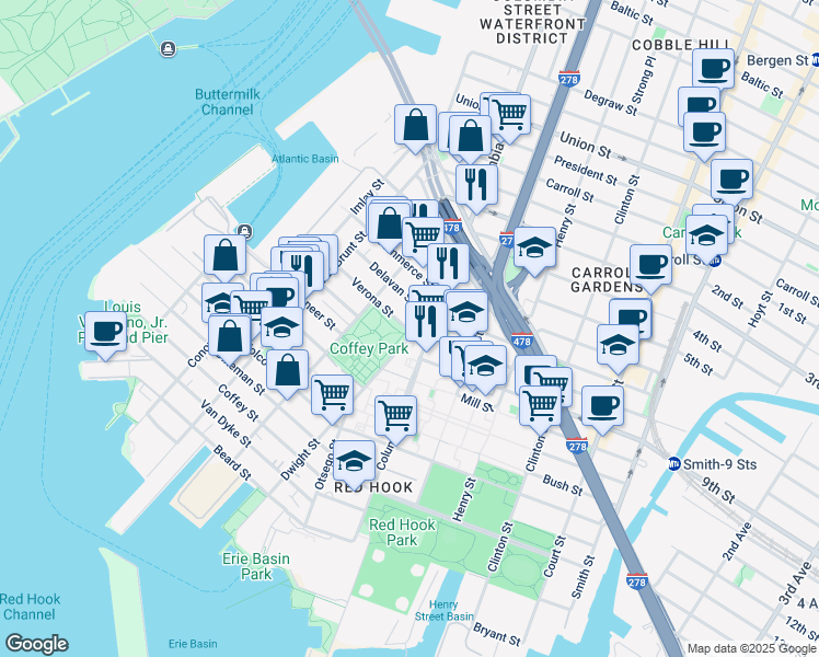map of restaurants, bars, coffee shops, grocery stores, and more near 519 Delavan Street in Brooklyn