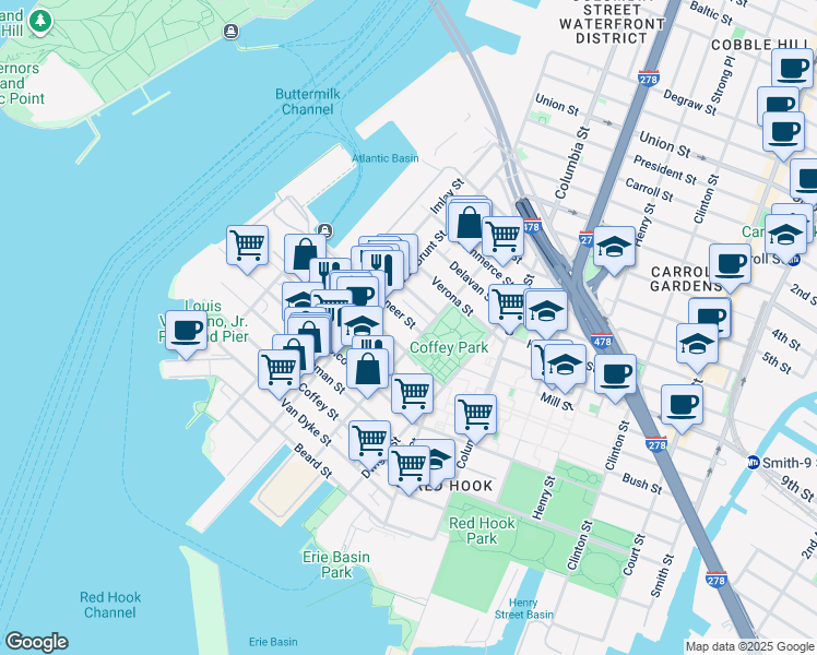 map of restaurants, bars, coffee shops, grocery stores, and more near 102 Pioneer Street in Brooklyn