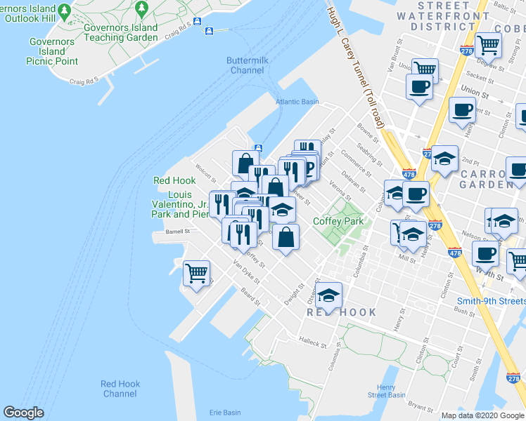 map of restaurants, bars, coffee shops, grocery stores, and more near 114 Sullivan Street in Brooklyn