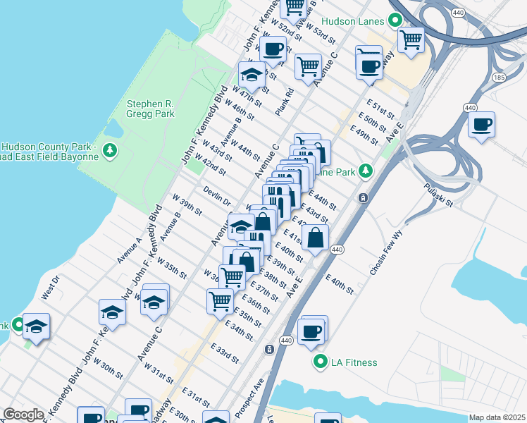 map of restaurants, bars, coffee shops, grocery stores, and more near 26-28 East 42nd Street in Bayonne