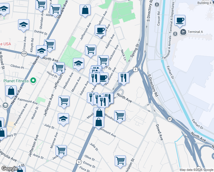 map of restaurants, bars, coffee shops, grocery stores, and more near 821 Van Buren Avenue in Elizabeth