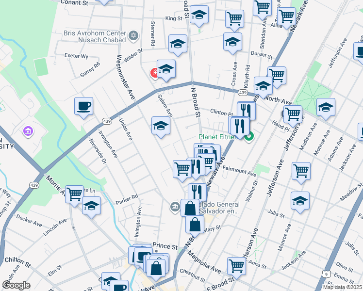 map of restaurants, bars, coffee shops, grocery stores, and more near 664 Salem Avenue in Elizabeth