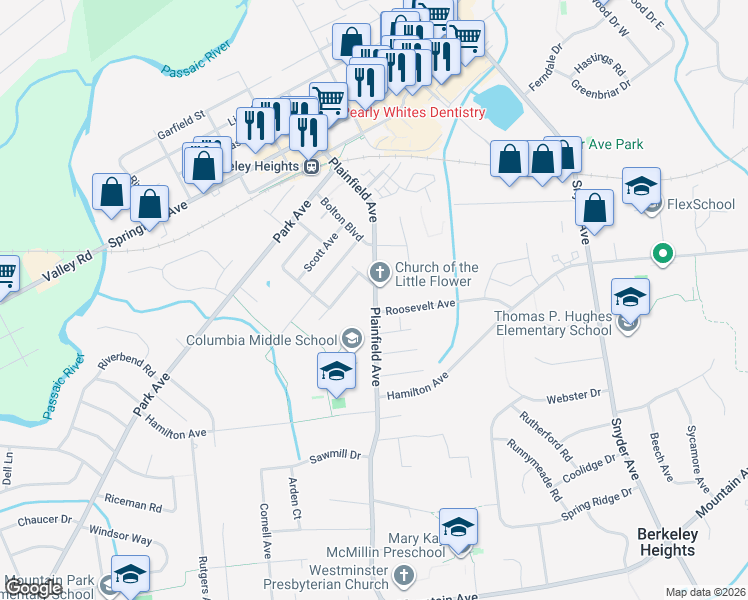 map of restaurants, bars, coffee shops, grocery stores, and more near 261 Berkeley Avenue in Berkeley Heights