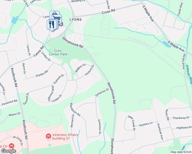 map of restaurants, bars, coffee shops, grocery stores, and more near 10 Lenape Court in Basking Ridge