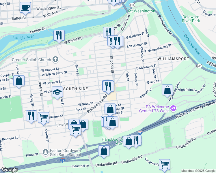 map of restaurants, bars, coffee shops, grocery stores, and more near 249 West Lincoln Street in Easton