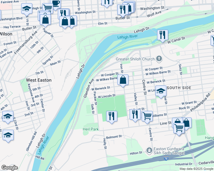 map of restaurants, bars, coffee shops, grocery stores, and more near 1035 West Berwick Street in Easton