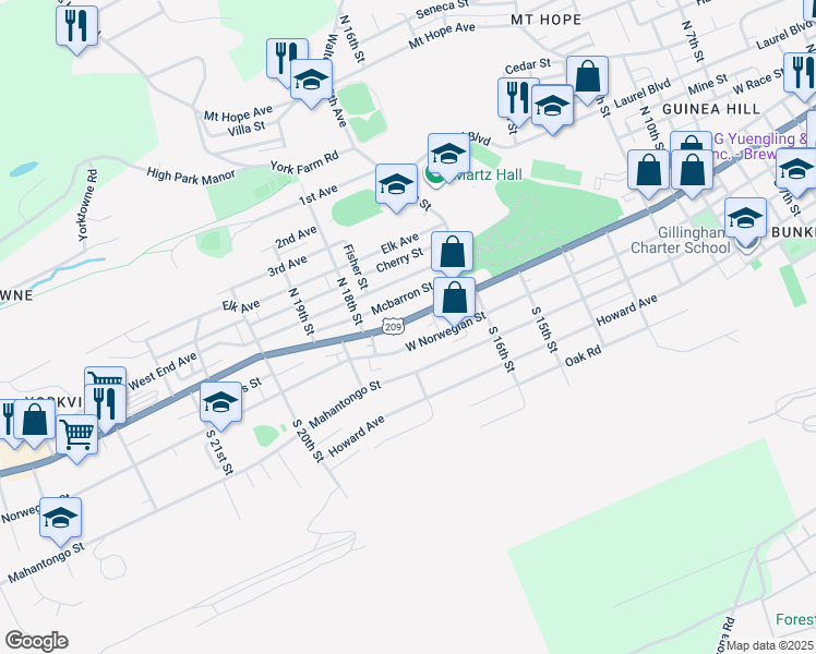 map of restaurants, bars, coffee shops, grocery stores, and more near 1701 West Market Street in Pottsville