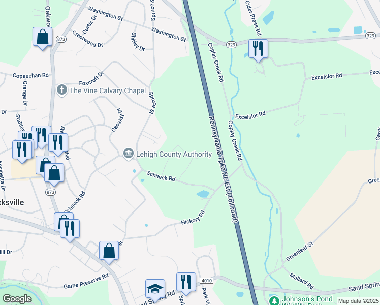 map of restaurants, bars, coffee shops, grocery stores, and more near 4045 Bluestem Drive in Schnecksville
