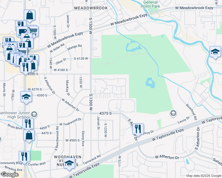 map of restaurants, bars, coffee shops, grocery stores, and more near 4268 Dunmore Court in Taylorsville