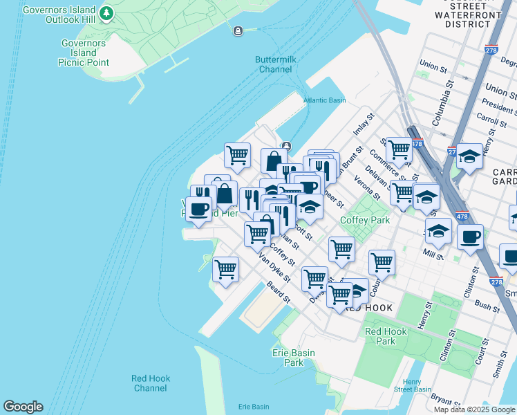 map of restaurants, bars, coffee shops, grocery stores, and more near 146 Wolcott Street in Brooklyn