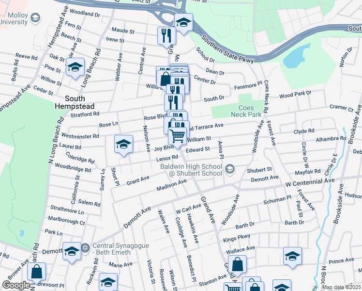 map of restaurants, bars, coffee shops, grocery stores, and more near 1321 Grand Avenue in Baldwin