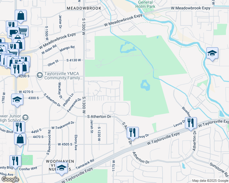 map of restaurants, bars, coffee shops, grocery stores, and more near 4274 Brunswick Court in Taylorsville