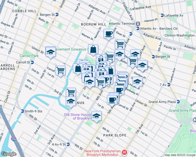 map of restaurants, bars, coffee shops, grocery stores, and more near 625 Union Street in Brooklyn